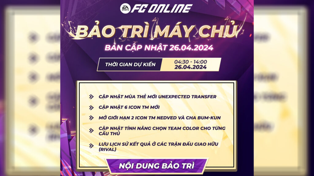 FC Online Thông Báo Thời Gian Bảo Trì Tháng 04/2024